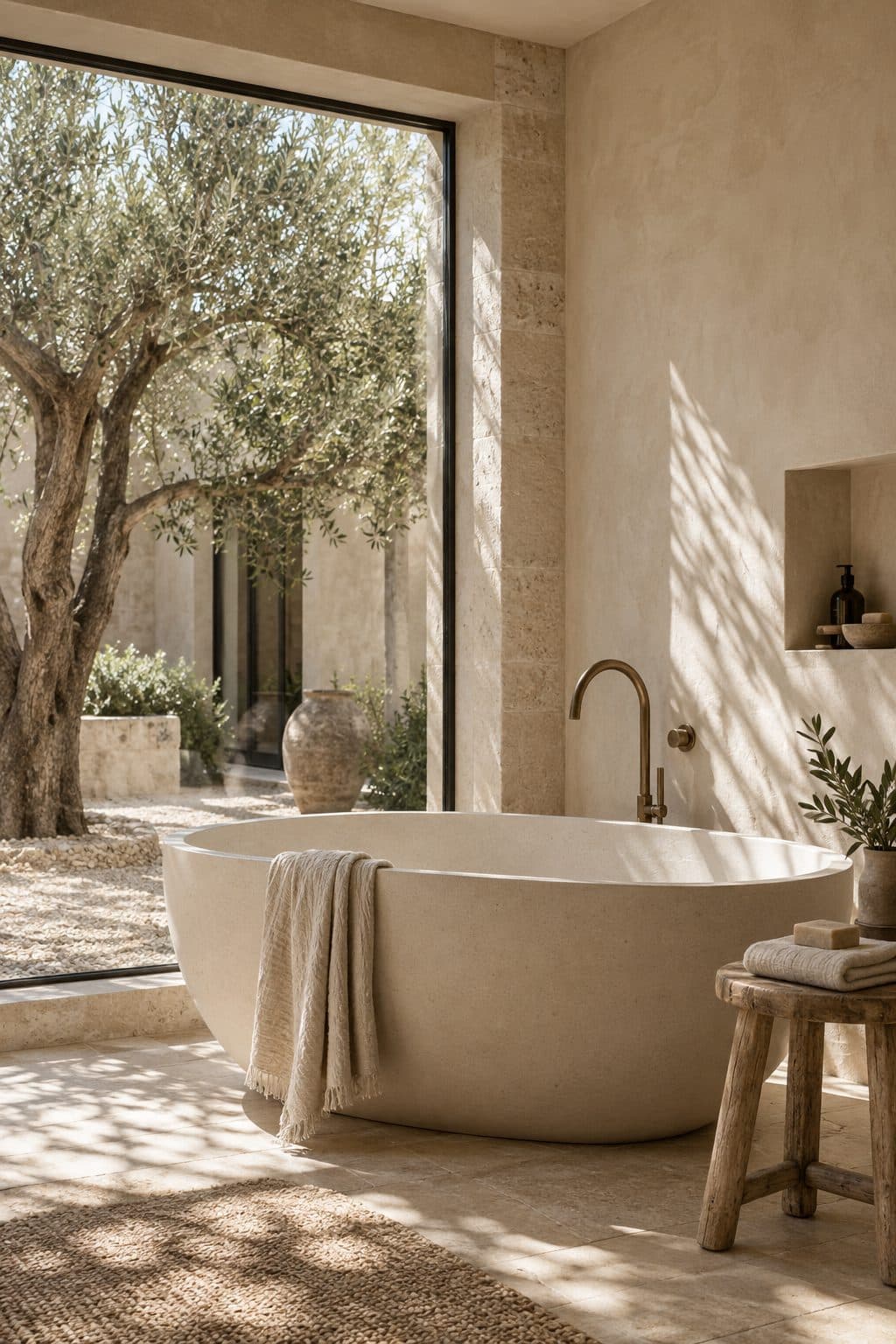 Cream freestanding bath with a courtyard view