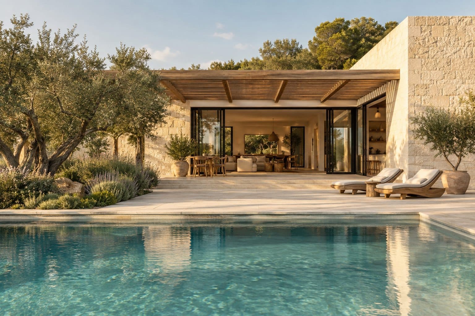 Limestone courtyard with a pool and timber pergola