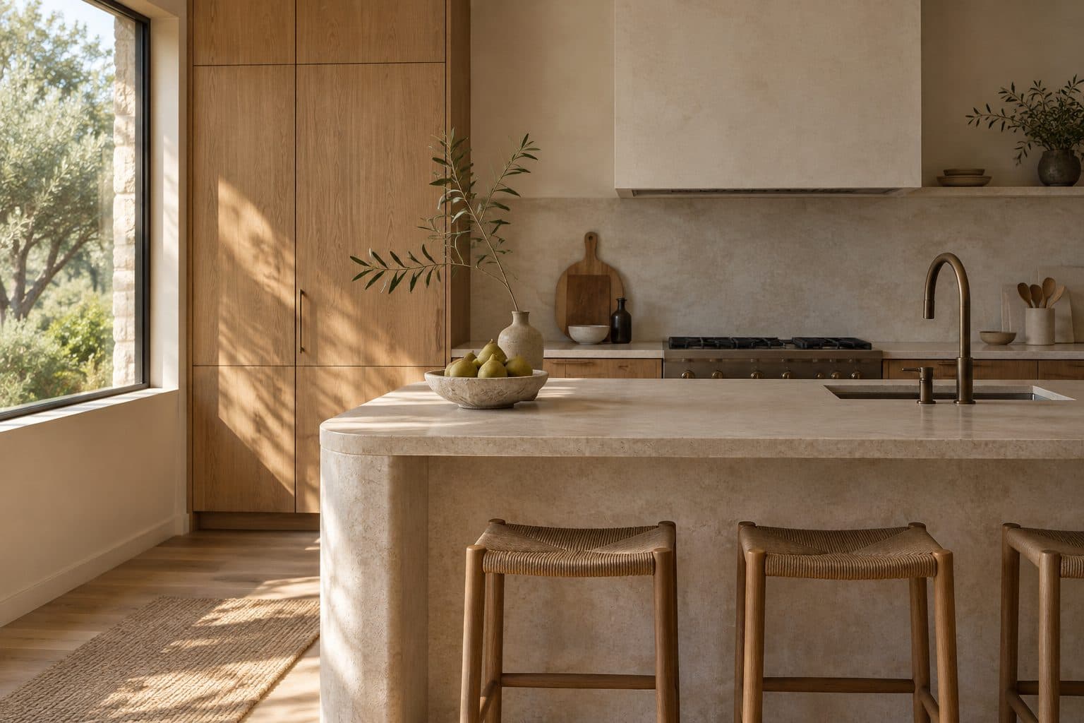 Oak kitchen with a pale stone island and a bowl of pears