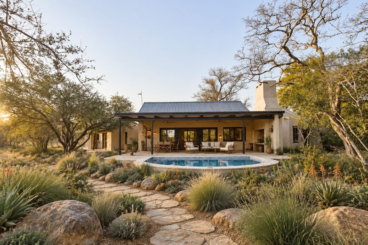 AI concept of the same bush lodge with a stone path, layered planting, and warm lime plaster