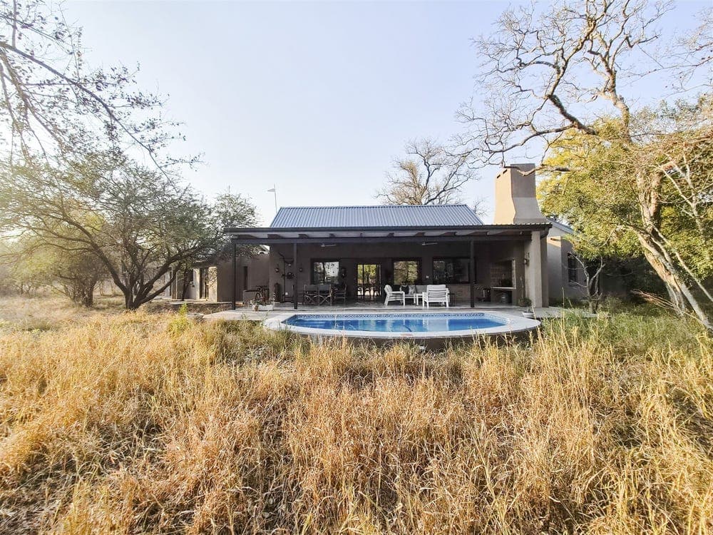 Original Moditlo bush lodge photograph with a swimming pool and dry foreground grass